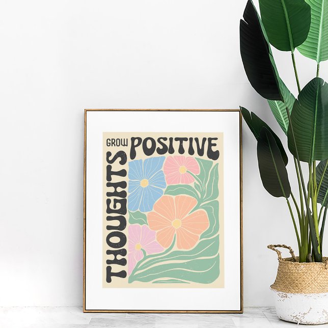 Groovy Blume "Grow Positive Thoughts" Mauer Art Poster (Groovy Flowers "Grow Positive Thoughts" Wall Art in a golden frame with a large green plant.)