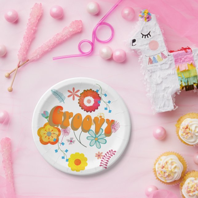 Groovy Blume Power farbenfroh rosa Pappteller (Party)