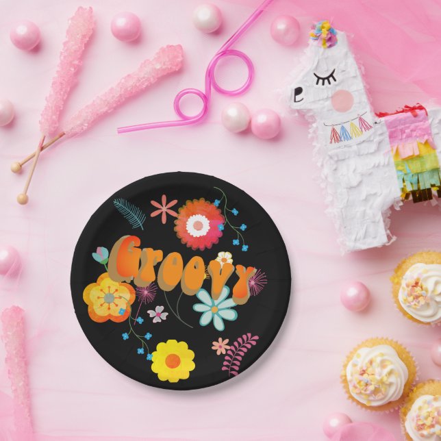 Groovy Blume Power Farbenfroh Schwarz Pappteller (Party)