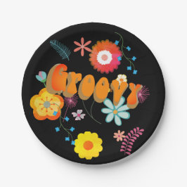 Groovy Blume Power Farbenfroh Schwarz Pappteller