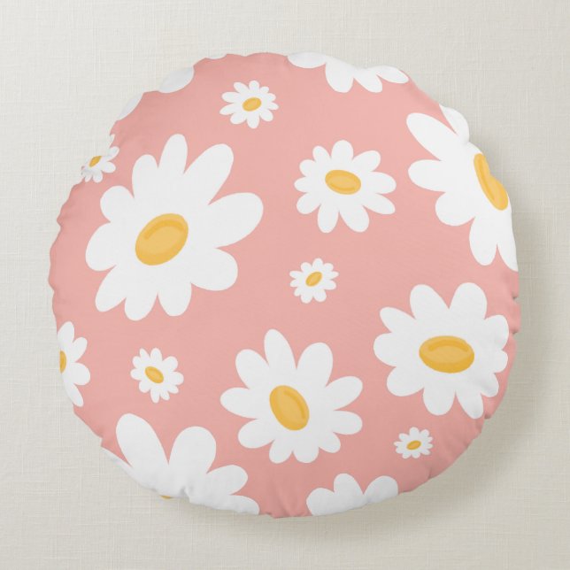 Groovy Blush Boho Daisy Bluorgarten Muster Rundes Kissen (Vorderseite)