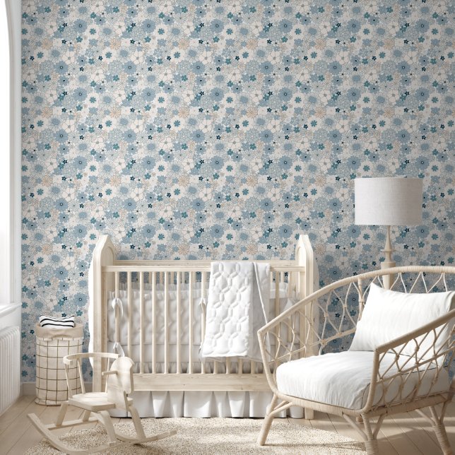 Groovy Boho Blaues Florales Nahtloses Muster  Tapete (Kinder)