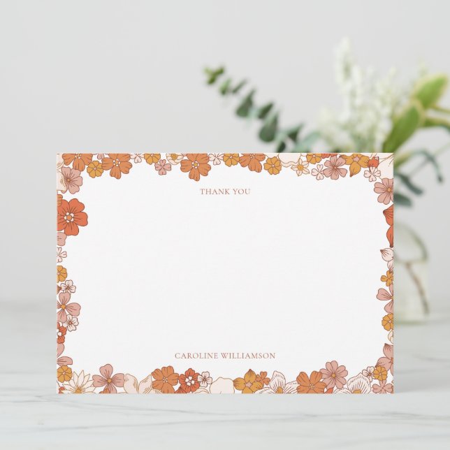 Groovy Boho Orange Floral Baby Shower Custom Dankeskarte (Stehend Vorderseite)