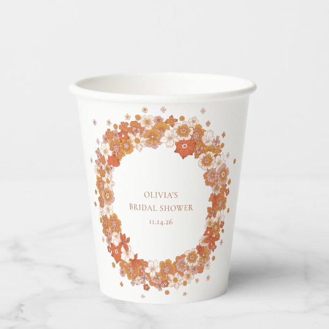 Groovy Boho Orange Florales Brautabschiedsparty Cu Pappbecher (Vorderseite)