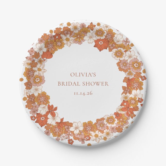 Groovy Boho Orange Florales Brautbad Custom  Pappteller (Vorderseite)