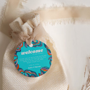 Groovy Boho Retro Aquamarin Monogram Wavy Wedding Geschenkanhänger