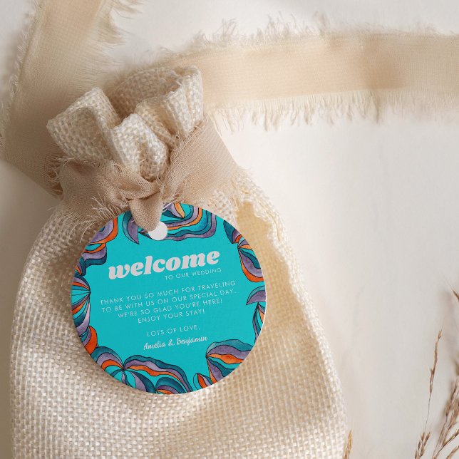 Groovy Boho Retro Aquamarin Monogram Wavy Wedding Geschenkanhänger (Front)