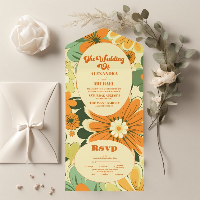 Groovy Boho Retro Floral Wedding All In One Einladung (Von Creator hochgeladen)