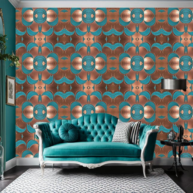 Groovy Bold Retro Türkis Kupfer Muster Tapete (Von Creator hochgeladen)