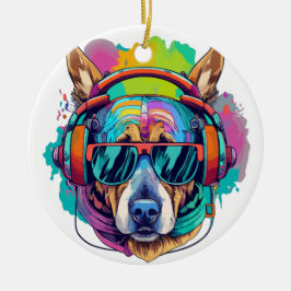Groovy Canine Vibes : Cooler Hund mit Kopfhörern Keramik Ornament