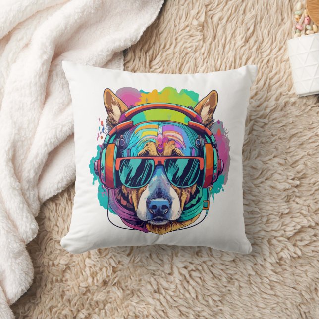 Groovy Canine Vibes : Cooler Hund mit Kopfhörern Kissen (Decke)