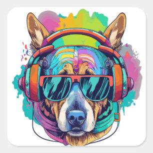 Groovy Canine Vibes : Cooler Hund mit Kopfhörern Quadratischer Aufkleber