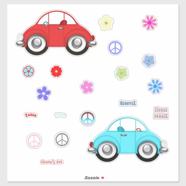 Groovy Cars Liebe und Blume Aufkleber (Blatt)