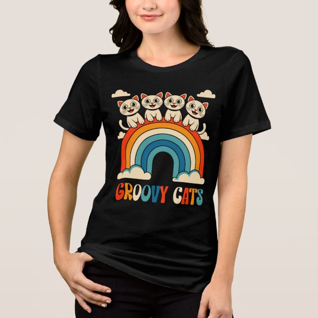 Groovy Cats Retro Rainbow Design Tri-Blend Shirt (Vorderseite)