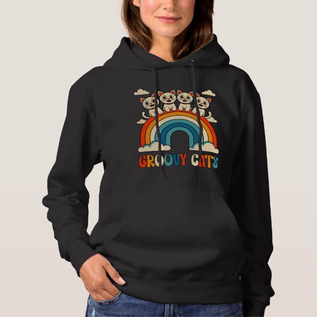 Groovy Cats Retro-Regenbogen-Design Hoodie (Vorderseite)