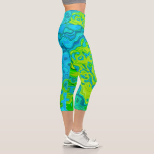 Groovy Chartreuse und Aquamarin Flüssigkeit Wirbel Capri Leggings