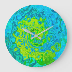 Groovy Chartreuse und Aquamarin Flüssigkeit Wirbel Große Wanduhr