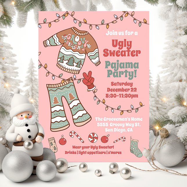 Groovy Christmas Hippie Ugly Sweater Pajama Party Einladung (Von Creator hochgeladen)