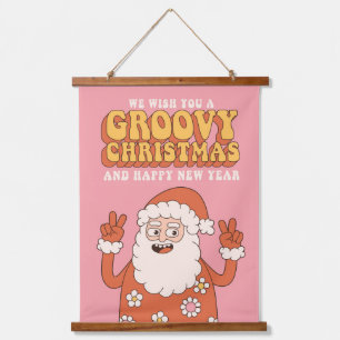 Groovy Christmas Merry Santa Funny Retro Hippie Wandteppich Mit Holzrahmen