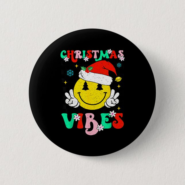 Groovy Christmas Vibes Smile Face Santa Hat Xmas T Button (Vorderseite)