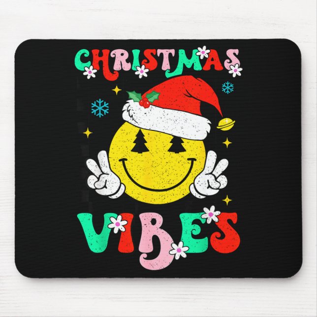 Groovy Christmas Vibes Smile Face Santa Hat Xmas T Mousepad (Vorne)