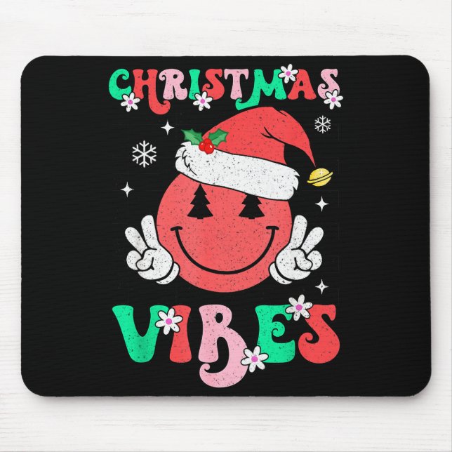Groovy Christmas Vibes Smile Face Santa Hat Xmas T Mousepad (Vorne)