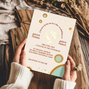 Groovy Circles Peach Ampere und Retro Wedding Gold Folieneinladung