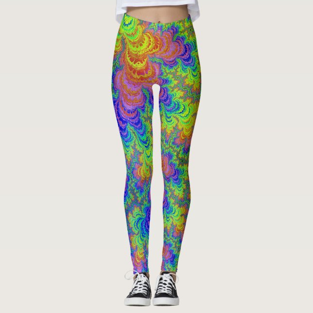Groovy Colorful Boho Hippie Trippy Rainbow Fraktal Leggings (Vorderseite)