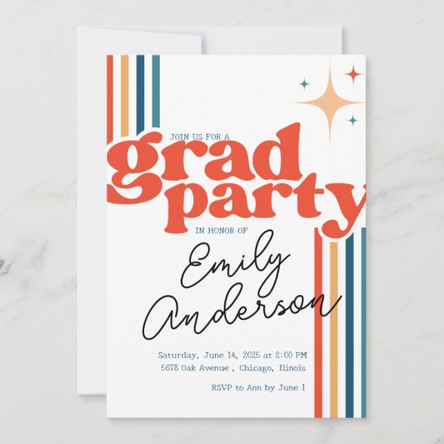 Groovy colorful grad card with graduation  einladung (Vorderseite)