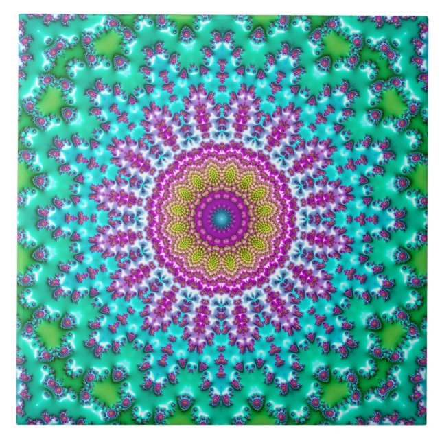 Groovy Colorful Jewel Tone Boho Fraktal Mandala Fliese (Vorderseite)