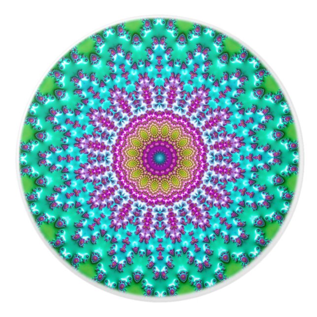 Groovy Colorful Jewel Tone Boho Fraktal Mandala Keramikknauf (Vorderseite)