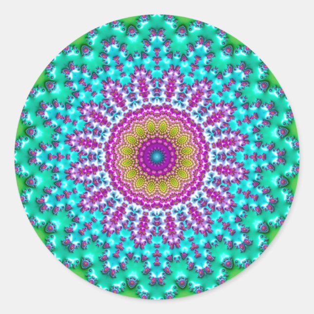 Groovy Colorful Jewel Tone Boho Fraktal Mandala Runder Aufkleber (Vorderseite)
