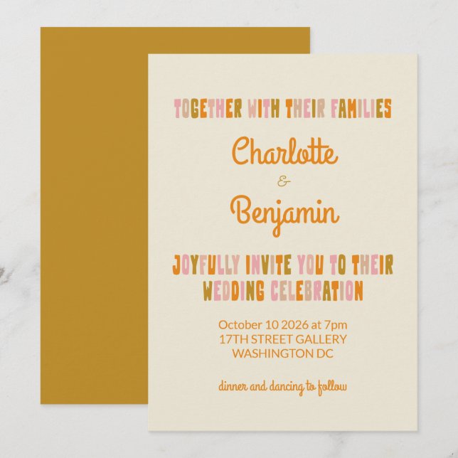 Groovy Colorful Pink and Senf Lettering Wedding Einladung (Vorne/Hinten)