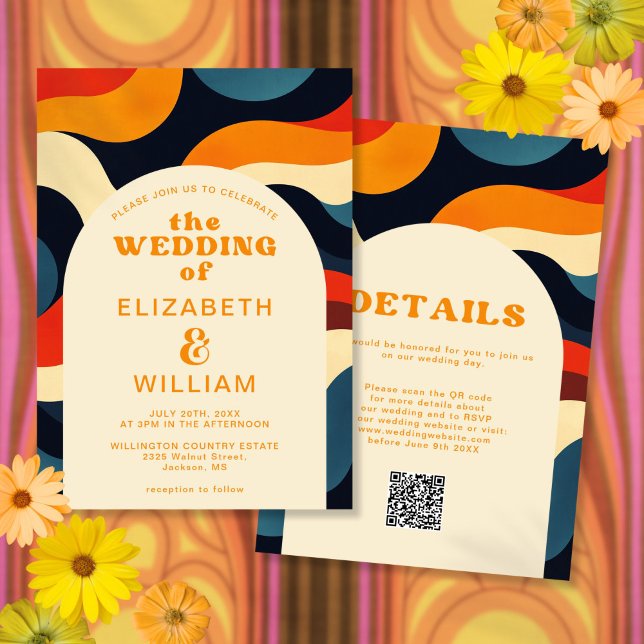 Groovy Colorful Retro Wavy Boho QR Code Wedding Einladung (Groovy Colorful Retro Wavy Boho QR Code Wedding Invitation)