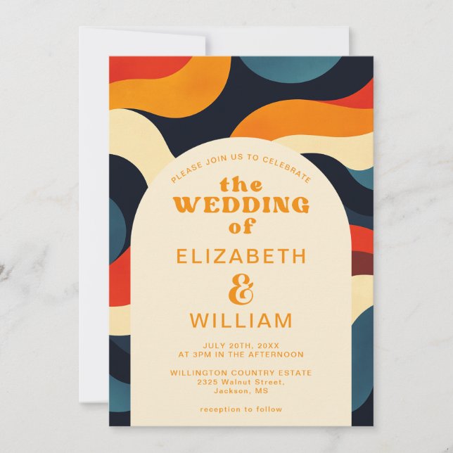 Groovy Colorful Retro Wavy Boho Wedding Einladung (Vorderseite)