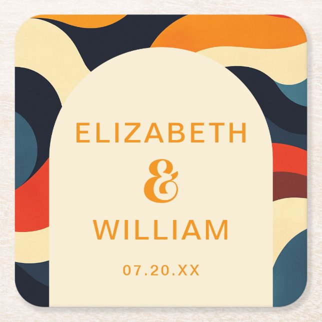 Groovy Colorful Retro Wavy Boho Wedding Rechteckiger Pappuntersetzer (Vorderseite)