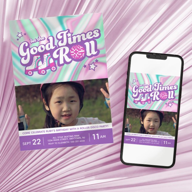 Groovy Colorful Wirbel Roller Disco Party Foto Einladung (Von Creator hochgeladen)