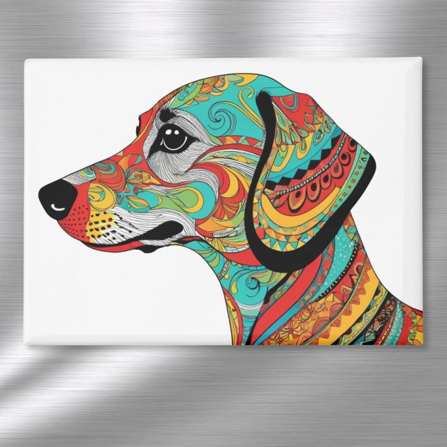 Groovy Coole Dackel Dog Multicolor Dackel Magnet (A magnet with vibrant illustration of a dachshund in a groovy patterned style)