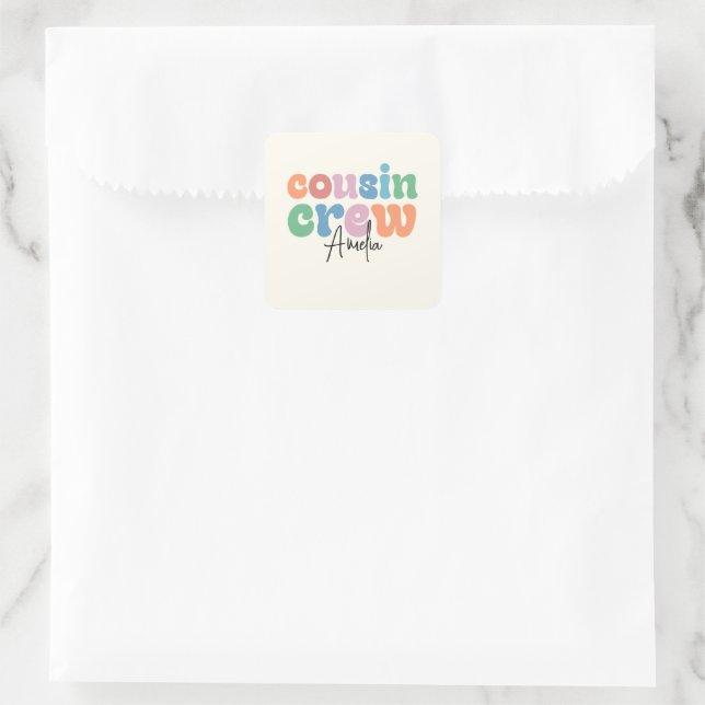 Groovy Cousin Crew Personalisiert Quadratischer Aufkleber (Tasche)