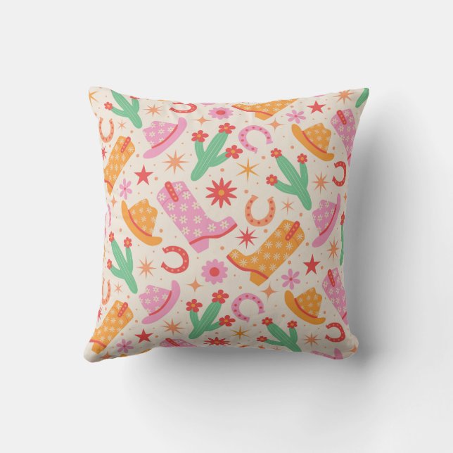 Groovy Cowgirl Stiefel and Hats Muster mit Cactus Kissen (Rückseite)