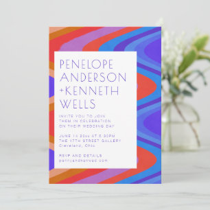 Groovy Curvy Lines Unique Retro Blue Red Wedding Einladung