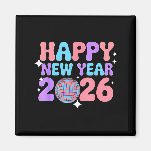 Groovy Cute Happy New Year 2026 Disco Ball  Magnet (Vorne)