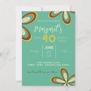 Groovy Cyan 40 Geburtstagspartei 70er Hippie Blume Einladung