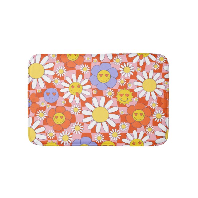 Groovy Daisy Floral Checkerboard, Y2K 90s Badematte (Vorderseite)