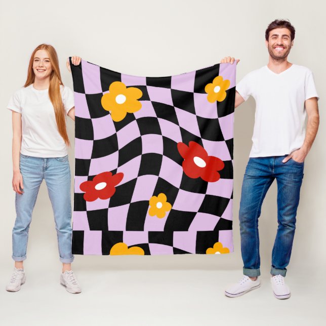 Groovy Daisy Floral Checkerboard, Y2K 90s Fleecedecke (Beispiel)