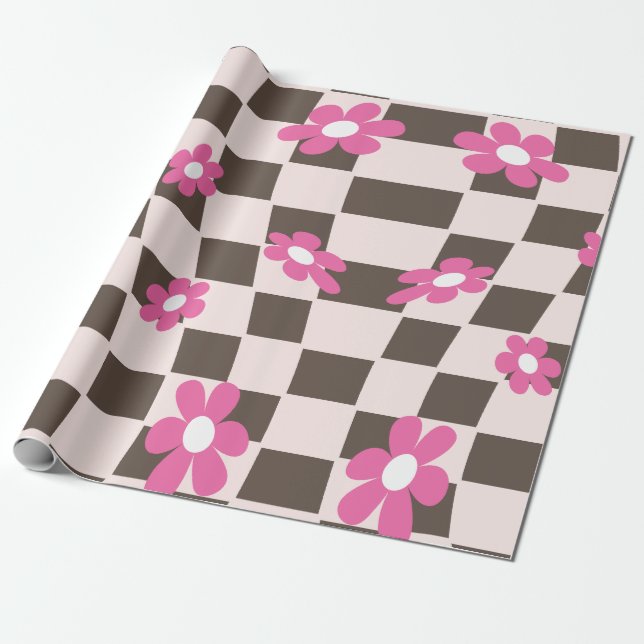 Groovy Daisy Floral Checkerboard, Y2K 90s Geschenkpapier (Ungerollt)