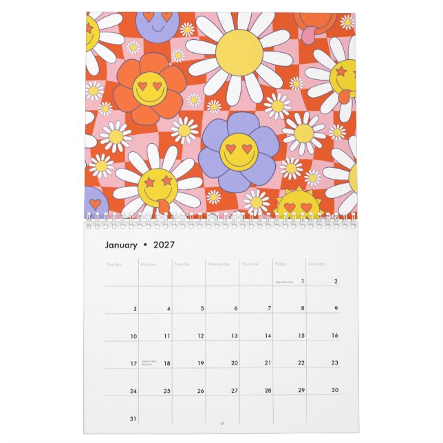 Groovy Daisy Floral Checkerboard, Y2K 90s Kalender (Jan 2027)
