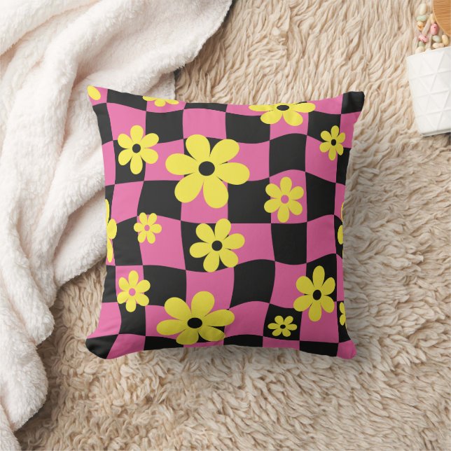 Groovy Daisy Floral Checkerboard, Y2K 90s Kissen (Decke)