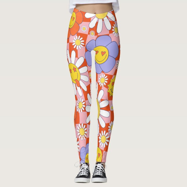 Groovy Daisy Floral Checkerboard, Y2K 90s Leggings (Vorderseite)