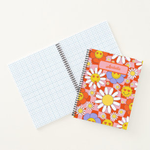 Groovy Daisy Floral Checkerboard, Y2K 90s Notizbuch